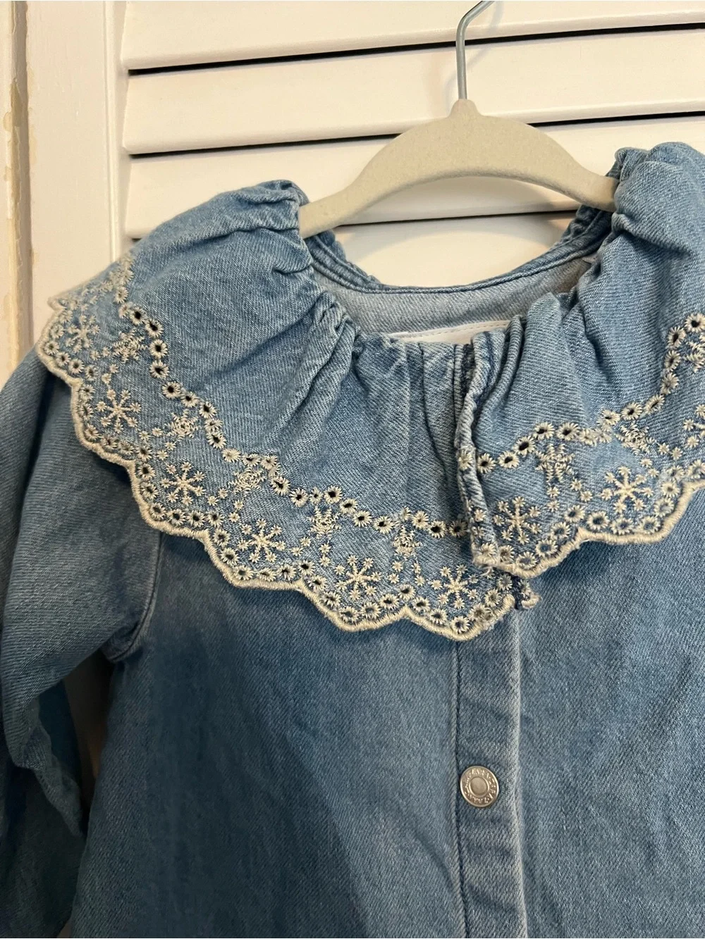 Zara Light Blue Denim Dress Jacket with Eyelet Lace Collar